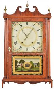 A mahogany case Pillar & Scroll Clock made by Silas Hoadley, Plymouth, Connecticut. 222137. Delaney Antique Clocks.