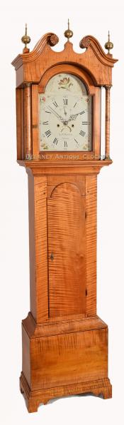 Levi & Abel Hutchins of Concord, New Hampshire. Tiger maple Grandfather clock. 220103. Delaney Antique Clocks.