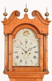 Levi & Abel Hutchins of Concord, New Hampshire. Tiger maple Grandfather clock hood. 220103. Delaney Antique Clocks.