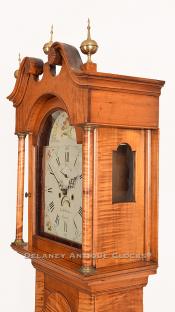 Levi & Abel Hutchins of Concord, New Hampshire. Tiger maple Grandfather clock bonnet. 220103. Delaney Antique Clocks.