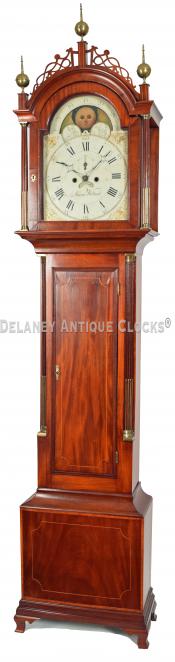 Aaron Willard of Boston, Massachusetts. This is an inlaid mahogany case grandfather clock. QQ-16. Delaney Antique Clocks.