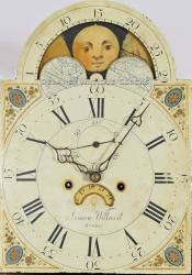 Simon Willard tall clock dial features a lunar calendar dial. XX-20. Delaney Clocks.