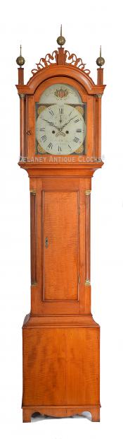 Abel Hutchins of Concord, New Hampshire. A tiger maple cased tall clock. XXSL-63. Delaney Antique Clocks.