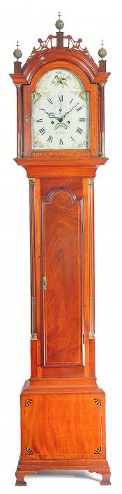 E. Willard Clock. Boston, Massachusetts. An inlaid mahogany cased tall clock. UU-26.