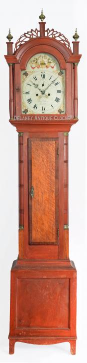 Benjamin Swan of Augusta, Maine. A classic Maine tall case clock with excellent narrow proportions in an original red wash finish. UU-27.