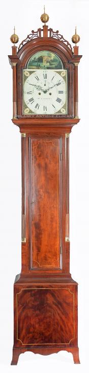 Warranted for Mr. Nathaniel Frost. Tall clock made by William Cummens of Roxbury, MA. This example is a giant measuring 108 inches tall. UU-69.