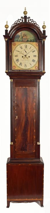 Allen Kelley of Sandwich, MA. An inlaid mahogany case tall clock featuring a rocking ship dial. VV-3. Delaney Antique Clocks.