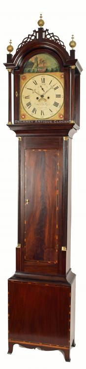 Allen Kelley of Sandwich, MA. An inlaid mahogany case grandfather clock featuring a rocking ship dial. VV-3. Delaney Antique Clocks.