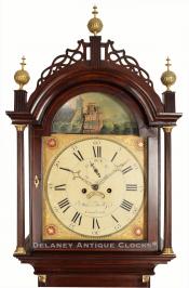 Allen Kelley mahogany case tall clock featuring a rocking ship dial. VV-3. Delaney Antique Clocks.