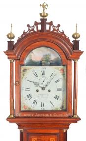 William Cummens Rocking ship dial tall clock. 219027. Delaney Antique Clocks.