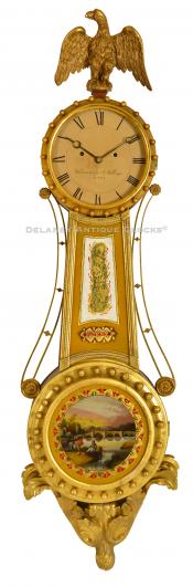 Jonathan Billings, Acton & Concord, Massachusetts. A federal gilt gesso & mahogany girandole clock featuring a time and strike movement. 222096. Delaney Antique Clocks.