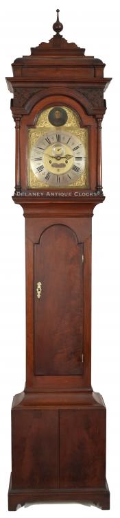 George Crow of Wilmington, Delaware. This is an elegant and important pre-revolutionary brass dial American walnut cased tall clock. BBB-4. Delaney Antique Clocks.