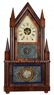 Birge & Fuller Wagon Spring powered Steeple on Steeple Clock. CCC-44. Delaney Antique Clocks.