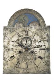 Daniel Burnap of East Windsor, Conn. Engraved brass dial with a lunar calendar display. 223021. Delaney Antique Clocks.