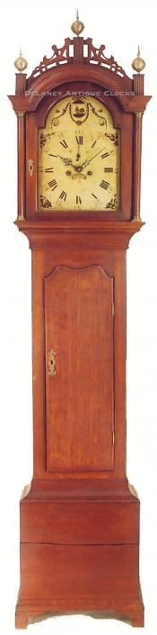 Colonel William Henshaw of Leicester, Massachusetts, originally owned this cherry-case tall clock. 24152. Delaney Antique Clocks.