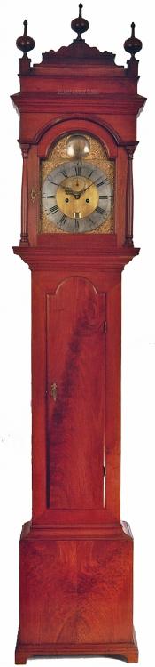 John Wood SR., of Philadelphia, Pennsylvania. An important Queen Anne figured walnut case tall clock made circa 1740. LL-146. Delaney Antique Clocks.