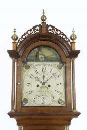 Frederick Wingate of Augusta, Maine. A mahogany-cased tall clock that features a rocking ship dial. This dial is numbered 118. VV-134. Delaney Antique Clocks.