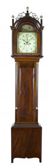  Reuben Tower, Hingham, Massachusetts. A cross-banded mahogany tall case clock. The case is attributed to Weymouth cabinetmaker Abiel White. XXSL-76.