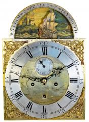 William Pearce tall clock with a rocking ship. 223011. Delaney Antique Clocks.