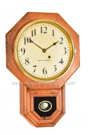 Seth Thomas School Clock. A 12 Inch Drop Octagon in oak. 222139 . Delaney Antique Clocks.