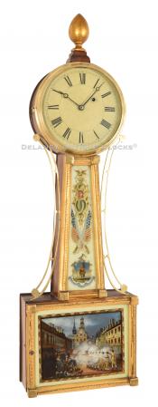 Banjo clock attributed to L. W. Noyes of Nashua, NH. It features a painted scene of the Boston Massacre. 222114.