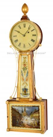 Wall timepiece attributed to L. W. Noyes of Nashua, NH. It features a painted scene of the Boston Massacre. 222114.