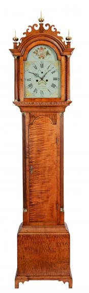 Samuel Rogers of Bridgewater, Massachusetts. A boldly figured tiger maple case tall clock. 223246.