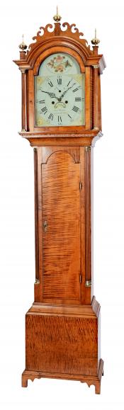 Samuel Rogers of Bridgewater, Massachusetts. A boldly figured tiger maple grandfather clock. 223246.