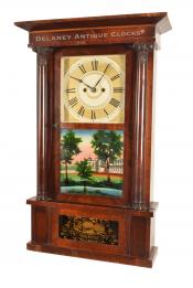 Spencer & Wooster & Co. A very colorful Column and Cornice shelf clock fitted with a Salem Bridge movement. 27011.