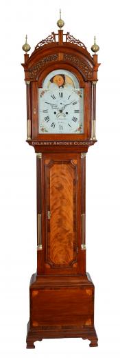 Inlaid mahogany tall case clock made by Elnathan Taber Roxbury, MA. The cabinet was made in Stephen Badlam's workshop. 223209.