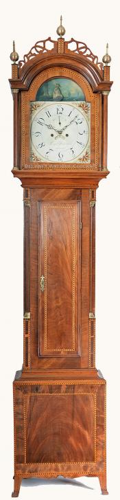 Levi Hutchins of Concord, New Hampshire. A high-style inlaid mahogany case tall clock. The best that colonial New Hampshire had to offer. It also features a rocking ship dial. ZZ-2.