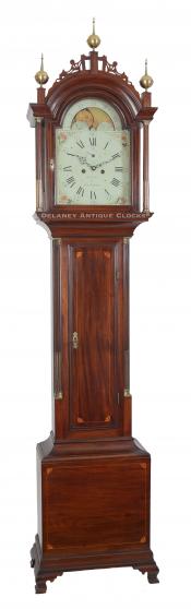 William Cummens of Roxbury, Massachusetts. An inlaid tall case clock of modest height. It is 7 feet 4 inches tall to the top of the center finial. 223270. Delaney Antique Clocks.