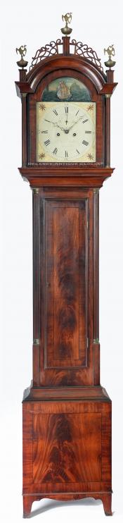 Aaron Willard cross-banded mahogany tall case clock featuring a rocking ship dial and a Revere set up label. YY-60.