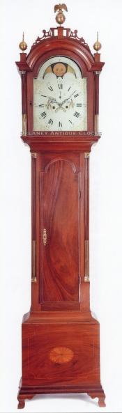 An inlaid mahogany case tall clock made in the Boston area of Massachusetts circa 1795. 217085.