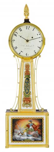 Aaron Willard Jr. gilt frame wall timepiece or banjo clock made in Boston circa 1820. The lower tablet depicts “AURORA.”