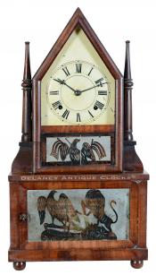 Birge & Fuller of Bristol, Connecticut. A single candlestick steeple-on-steeple mantel clock featuring wagon spring-power. DDD-32.