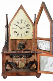 Birge & Fuller of Bristol, Connecticut. A single candlestick steeple-on-steeple shelf clock featuring wagon spring-power. DDD-32.