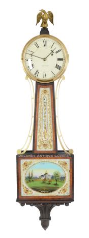 A Waltham wall timepiece or banjo clock featuring tulip cross-banded frames and a painted scene of the Boston State House. 223061. 