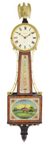 A Waltham wall timepiece or banjo clock featuring tulip cross-banded frames and a painted scene of the Boston State House. 224025.