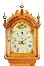 A colorful unsigned flaming birch tall case clock made in southeastern NH. 224085.