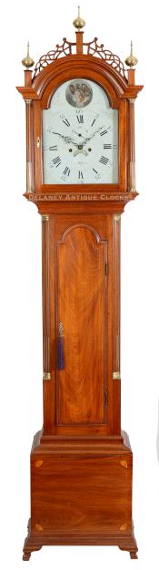 Ephraim Willard's tribute to George Washington. This Boston, Massachusetts, inlaid mahogany case tall clock, a significant piece of history, features George Washington's portrait in the lunette of the dial. DDD-42.