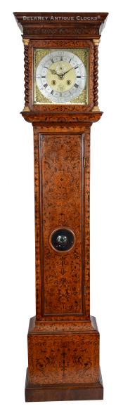 William Stokes Feict. An early 18th-century London walnut longcase clock, embellished with fine arabesque marquetry. It features a 90-day movement designed to run for three months before rewinding, a rare and impressive feature. YY-14.