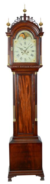 Daniel Munroe & Co., of Concord, MA. An inlaid mahogany cased tall case clock featuring outstanding proportions. 214023. Delaney Antique Clocks.