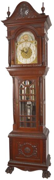 An impressive Tall Hall clock originally retailed by The Cowell & Hubbard Co. in Cleveland, Ohio. 223026. Delaney Antique Clocks.