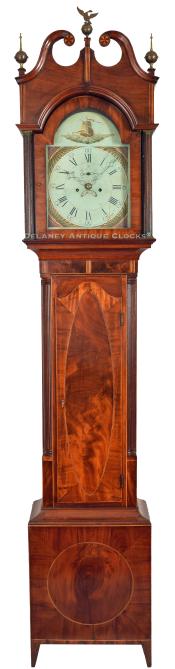 Unsigned New Jersey tall case clock in a figured mahogany veneered case. XXSL-48.