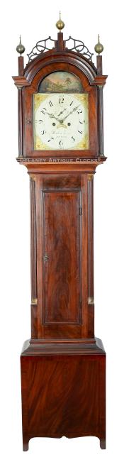  Reuben Tower, Hingham, Massachusetts. A cross-banded mahogany tall case clock. The case is attributed to Weymouth cabinetmaker Abiel White. XXSL-76.