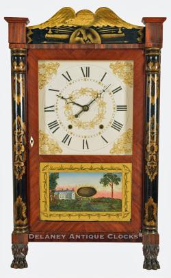 Ephraim Downs for George Mitchell of Bristol, Connecticut. Circa 1830. A transitional shelf clock with an eagle stenciled decorated splat and floral decorated half columns. NN-40.