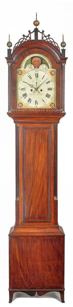 James Doull of Charlestown, Massachusetts. A cross-banded mahogany case tall clock with a moon phase dial. PP-159.