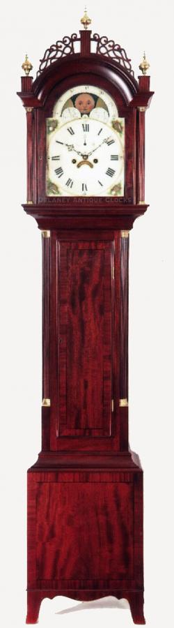 Aaron Willard labeled tall case clock. Boston, Massachusetts. Paul Revere set up label. Case stamped “96” and with the initials “O.M.M,” Ozias Metcalf Morse cabinetmaker. UU-2.