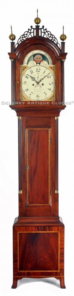 Elnathan Taber of Roxbury, Massachusetts. An inlaid mahogany cased tall clock retaining its original set up label. The cabinet is attributed to the cabinetmaker Abiel White. 221033